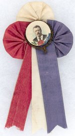 ROOSEVELT REBUS PORTRAIT BUTTON HAKE #3298 ON RIBBON BADGE.