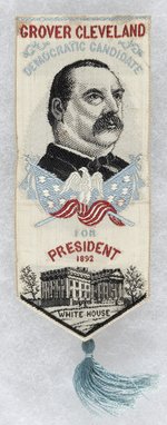 CLEVELAND FOR PRESIDENT 1892 WOVEN SILK WHITE HOUSE RIBBON.