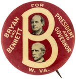 BRYAN & BENNETT RARE 1908 WEST VIRGINIA COATTAIL JUGATE BUTTON.