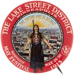 "MINNEAPOLIS/THE LAKE STREET DISTRICT/SOUVENIR/1913 MAY FESTIVAL" BUTTON.