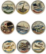 NINE HEAVY LITHO TIN BRITISH BUTTONS SHOWING MILITARY VEHICHLES OR WEAPONS.