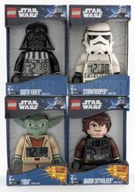 STAR WARS LEGO DARTH VADER, ANAKIN SKYWALKER, YODA, STORMTROOPER ALARM CLOCK BOXED LOT OF 4.