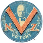 WWII "N.Z. (NEW ZEALAND) "V" FOR "VICTORY" BUTTON W/PHOTO OF CHURCHILL GLARING AT THE CAMERA.