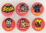 BATMAN 1966 TV ERA FIVE COMPLETE OR NEAR COMPLETE BUTTON SETS FOR A TOTAL OF 62 BUTTONS.