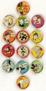 PHILA. EVENING LEDGER & RADIO STATION WIP 1930s SET OF 14 COMIC CHARACTERBUTTONS.