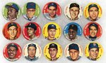 1956 TOPPS BASEBALL BUTTONS COMPLETE SET OF 60 INCLUDING 12 HALL OF FAMERS.