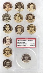 1910-1912 SWEET CAPORAL CIGARETTES HIGH GRADE COMPLETE SET OF 204 BUTTONS WITH MANY HOF PLAYERS.