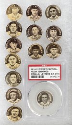 1910-1912 SWEET CAPORAL CIGARETTES HIGH GRADE COMPLETE SET OF 204 BUTTONS WITH MANY HOF PLAYERS.