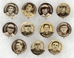 1910-1912 SWEET CAPORAL CIGARETTES HIGH GRADE COMPLETE SET OF 204 BUTTONS WITH MANY HOF PLAYERS.