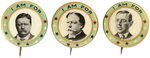 I AM FOR ROOSEVELT, TAFT & WILSON TRIO OF 1912 PORTRAIT BUTTONS.