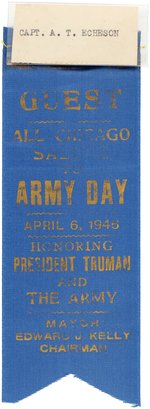 TRUMAN ALL CHICAGO SALUTE TO THE ARMY DAY APRIL 6, 1946 RIBBON BADGE.