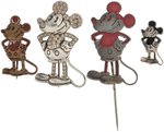 MICKEY MOUSE FOUR FIGURAL EARLY 1930s GERMAN AND BRITISH PINS, TWO BY CHARLES HORNER WITH ONE IN STERLING.