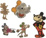 MINNIE MOUSE PLUS FOUR MICKEY EARLY FIGURAL 1930s RARE PINS FROM BRITAIN AND GERMANY.