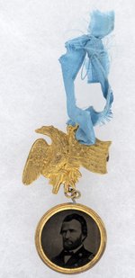 GRANT & COLFAX 1868 BRASS RIMMED FERROTYPE BADGE ON EAGLE & FLAG HANGER.