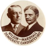 WILSON & MARSHALL DEMOCRATIC CANDIDATES 1912 RARE 1.75" JUGATE BUTTON.