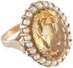 LARGE 14K YELLOW GOLD CITRINE AND PEARL RING.