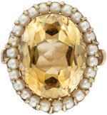 LARGE 14K YELLOW GOLD CITRINE AND PEARL RING.