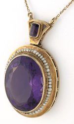 LARGE 14K YELLOW GOLD AMETHYST AND SEED PEARL NECKLACE.