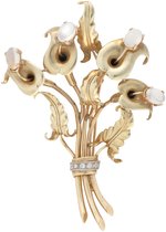 14K YELLOW GOLD HAND MADE MOONSTONE CALLY LILY BROOCH.