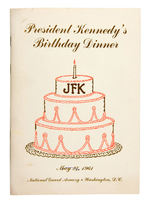 JFK'S 1961 BIRTHDAY DINNER PROGRAM, PRESS TICKET LARGE STUB AND "NEWS" BADGE.