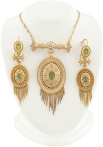 18K YELLOW GOLD VICTORIAN PERIDOT AND DIAMOND NECKLACE AND EARRING SET WITH FRINGE.