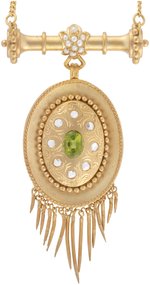 18K YELLOW GOLD VICTORIAN PERIDOT AND DIAMOND NECKLACE AND EARRING SET WITH FRINGE.