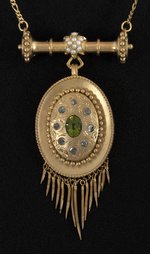 18K YELLOW GOLD VICTORIAN PERIDOT AND DIAMOND NECKLACE AND EARRING SET WITH FRINGE.