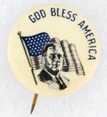 GOD BLESS AMERICA ROOSEVELT FLAG AND PORTRAIT BUTTON.