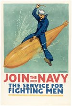 WWI ICONIC JOIN THE NAVY TORPEDO BUCKING BRONCO POSTER.