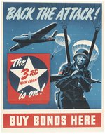 WWII BACK THE ATTACK PARACHUTE & PLANE WAR BONDS POSTER.