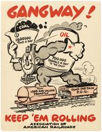 WWII AMERICAN RAILROADS CARTOON LOCOMOTIVE LABOR POSTER.