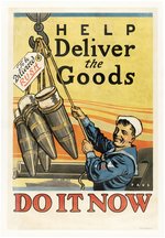 WWI HELP DELIVER THE GOODS SAILOR HOISTS SHELLS RECRUITING POSTER.