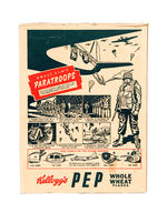 KELLOGG'S PEP CEREAL BOX W/PARATROOPER/COMIC CHARACTER BUTTON PREMIUM.