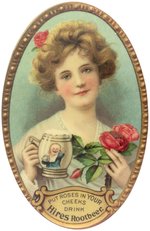HIRES ROOTBEER LADY POCKET MIRROR WITH HER HOLDING BOTH ROSES AND A CERAMIC MUG.
