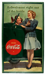 "DRINK COCA-COLA/REFRESHMENT RIGHT OUT OF THE BOTTLE" LATE 1930s LINEN MOUNTED SIGN.