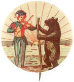 RARE 1896-97 BUTTON WITH CALIFORNIA JESTER SERENADING THE STATE'S GRIZZLY BEAR.