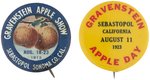 SEBASTOPOL, CA BUTTON PAIR CELEBRATING GRAVENSTEIN APPLES 1913 AND 1923.