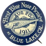 NORTHERN CALIF. 1911 PICNIC BUTTON IN BLUE LAKE PICTURING A FISH ON A PLATE.