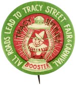 RARE & GRAPHIC TRACY, CA STREET FAIR BUTTON SHOWING A CLOWN WITHIN RAILROAD LANTERN.