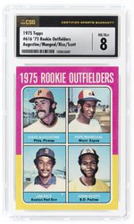 1975 TOPPS #616 '75 ROOKIE OUTFIELDERS AUGUSTINE/MANGUAL/RICE(HOF)/SCOTT CSG 8 NM/MINT.