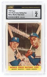 1958 TOPPS #418 WORLD SERIES BATTING FOES MICKEY MANTLE(HOF)/HANK AARON(HOF) CSG 2 GOOD.