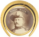 ROOSEVELT ROUGH RIDER SEPIA PORTRAIT IN HORSEHOE BRASS SHELL BADGE.
