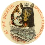 CLOWN & MULE BUTTON PROMOTING 1899 GREATER AMERICA EXPO IN OMAHA.
