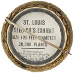 ST. LOUIS 1904 EXPO BUTTON SHOWING "GREAT FLORAL CLOCK" AND CPB BOOK EXAMPLE.