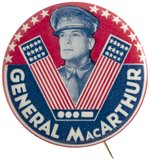 RARE 1.75" SIZE BUTTON SHOWING "GENERAL MacARTHUR AND LARGE VICTORY SYMBOL.