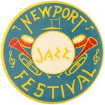 NEWPORT JAZZ FESTIVAL BUTTON FOR JAZZ, SOUL, & ROCK STAR STUDDED 1969 VENUE & BUTTON POWER PHOTO EXAMPLE.
