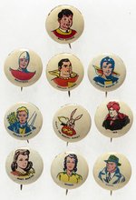 FAWCETT COMICS 1946 COMPLETE BUTTON SET FOR CAPTAIN, MARVEL FAMILY & OTHER CHARACTERS.