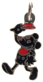 MICKEY MOUSE WITH FIVE FINGERS C. 1932 EXQUISITE ENAMEL ON SILVER LUSTER CHARM W/LOOP.