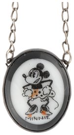 ANGRY MINNIE MOUSE C. 1932 ON DOMED GLASS OVAL PENDANT WITH DOUBLE STRAND SILVER CHAIN.