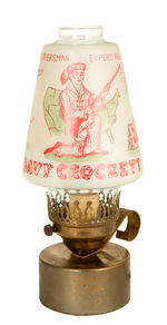 "DAVY CROCKETT" BRASS/GLASS ELECTRIC LAMP.